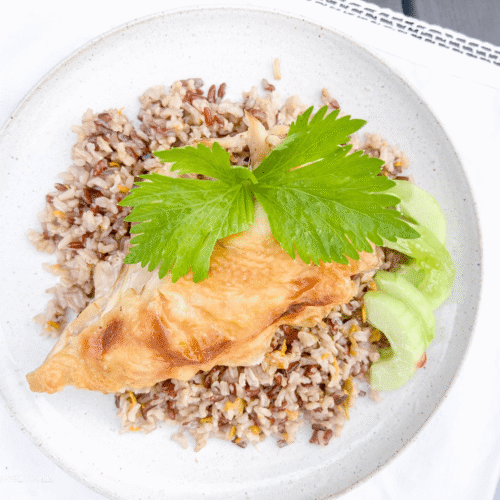 piece of chicken over rice