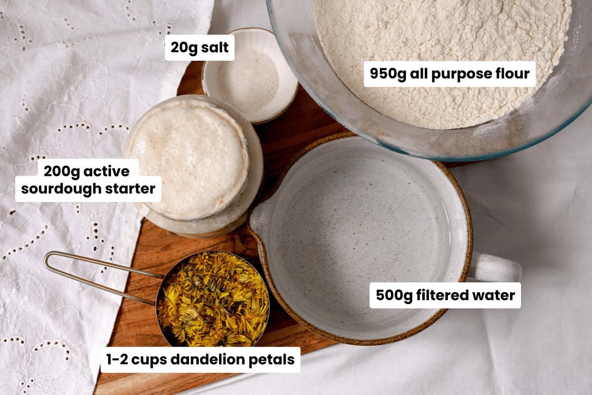 ingredients for making sourdough dandelion bread