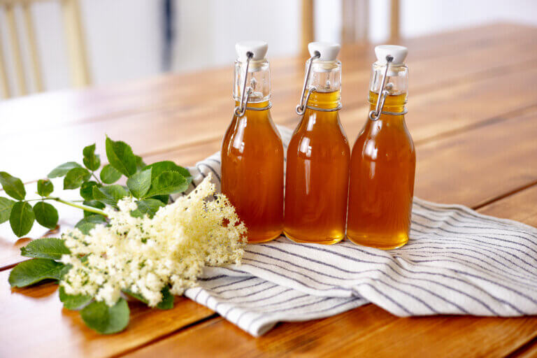 bottles of elderflower syrup