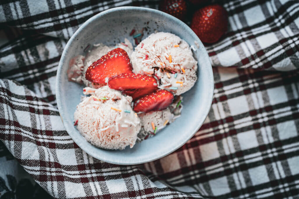 strawberry ice cream in a bowl