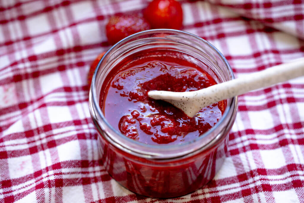 a jar of strawberry jam