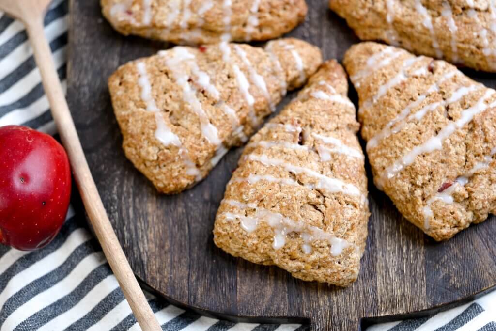 sourdough apple cinnamon scones on a wooden board