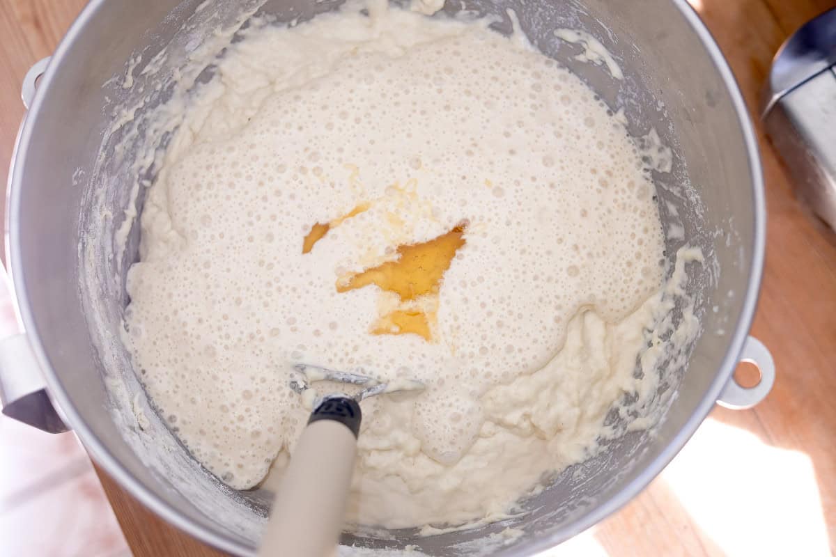 mixed ingredients with sourdough in large bowl