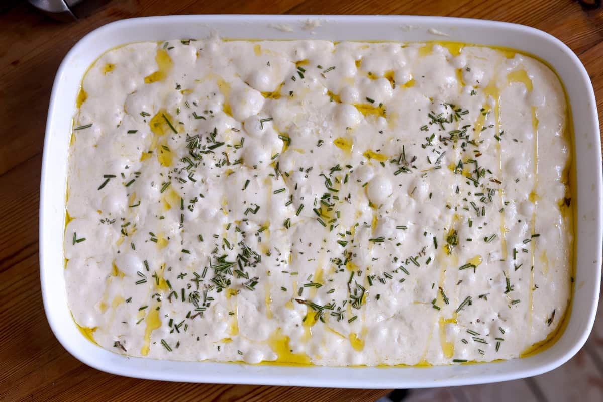 dimpled focaccia with rosemary and olive oil