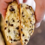 baked sourdough chocolate chip scones sliced in half