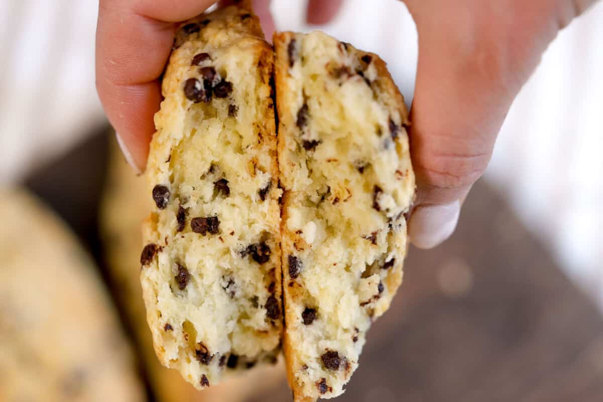 baked sourdough chocolate chip scones sliced in half