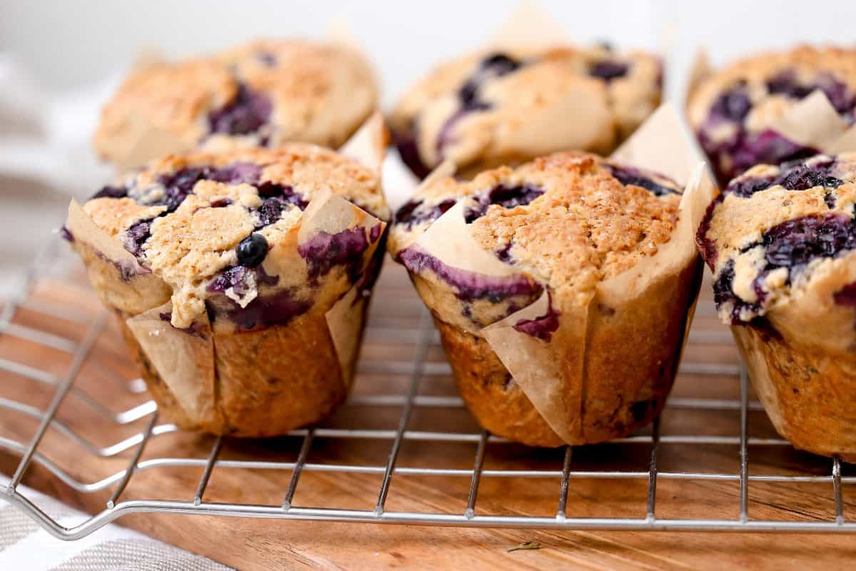 sourdough blueberry muffins on cooling rack