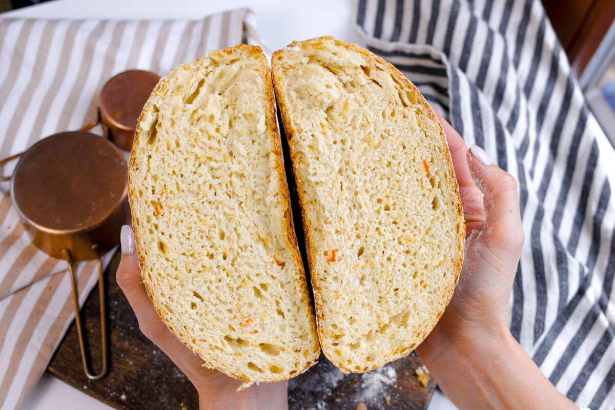 sourdough cheddar jalapeno bread cut half open